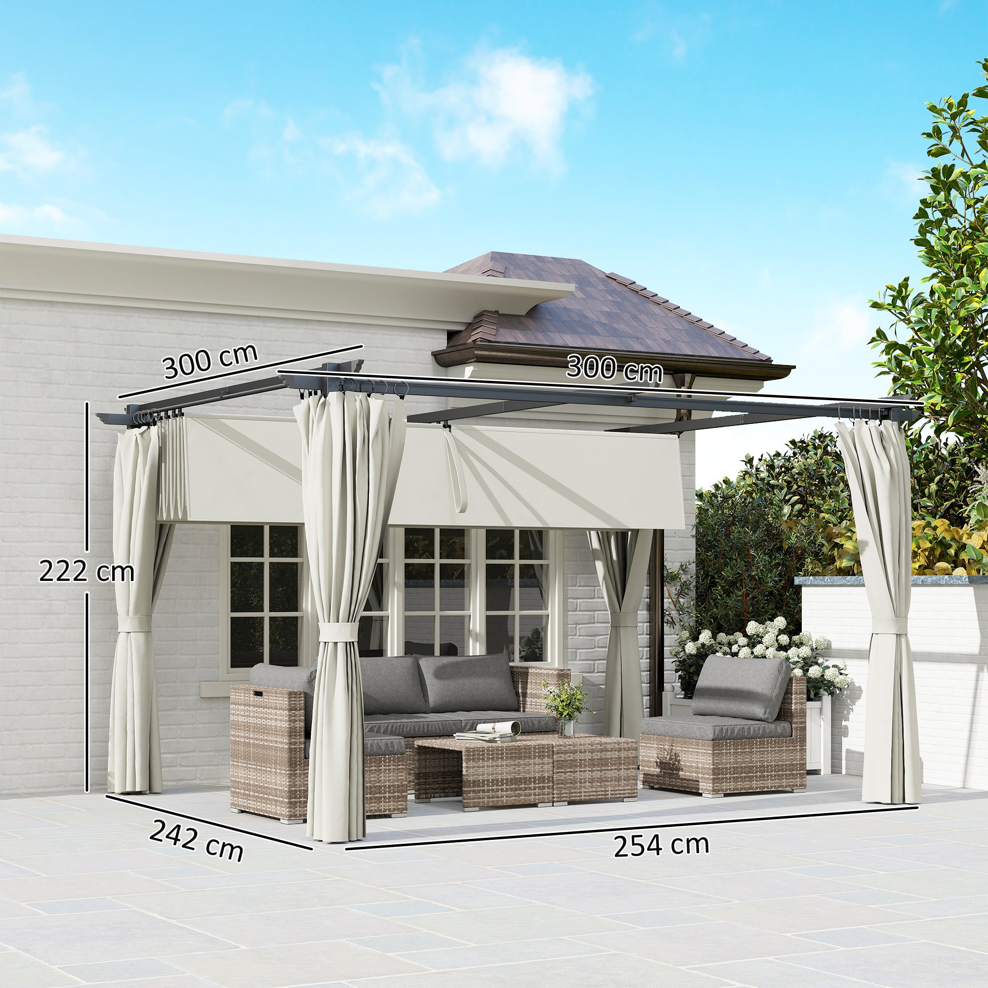 Solarias Pergola 3 x 3 m avec Auvent Rétractable et Rideaux, Abri de Soleil UPF30+ pour Jardin, Terrasse, Extérieur
