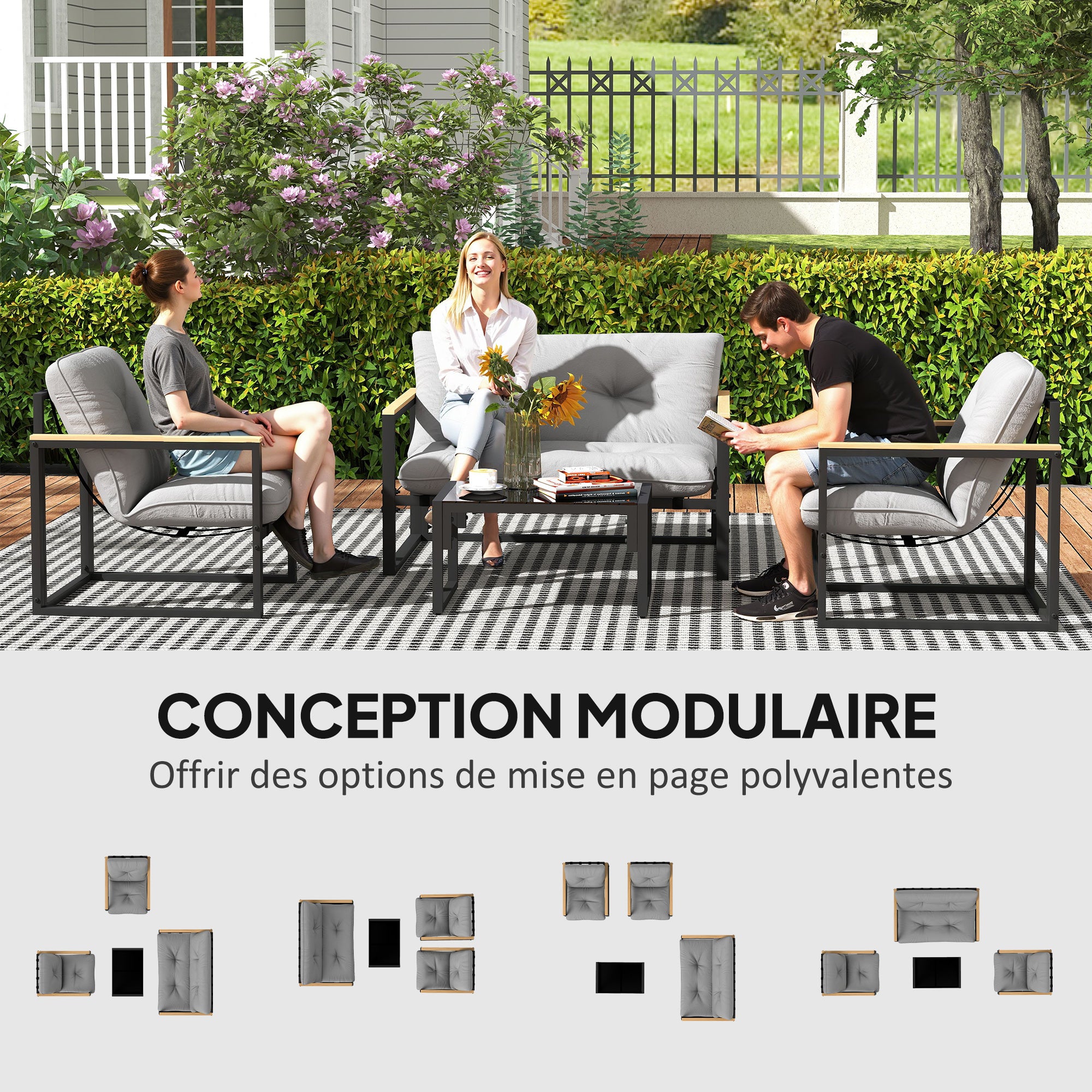 Solarias Salon de jardin extérieur 4 personnes avec canapé, 2 fauteuils et table basse en verre trempé, coussins inclus, gri