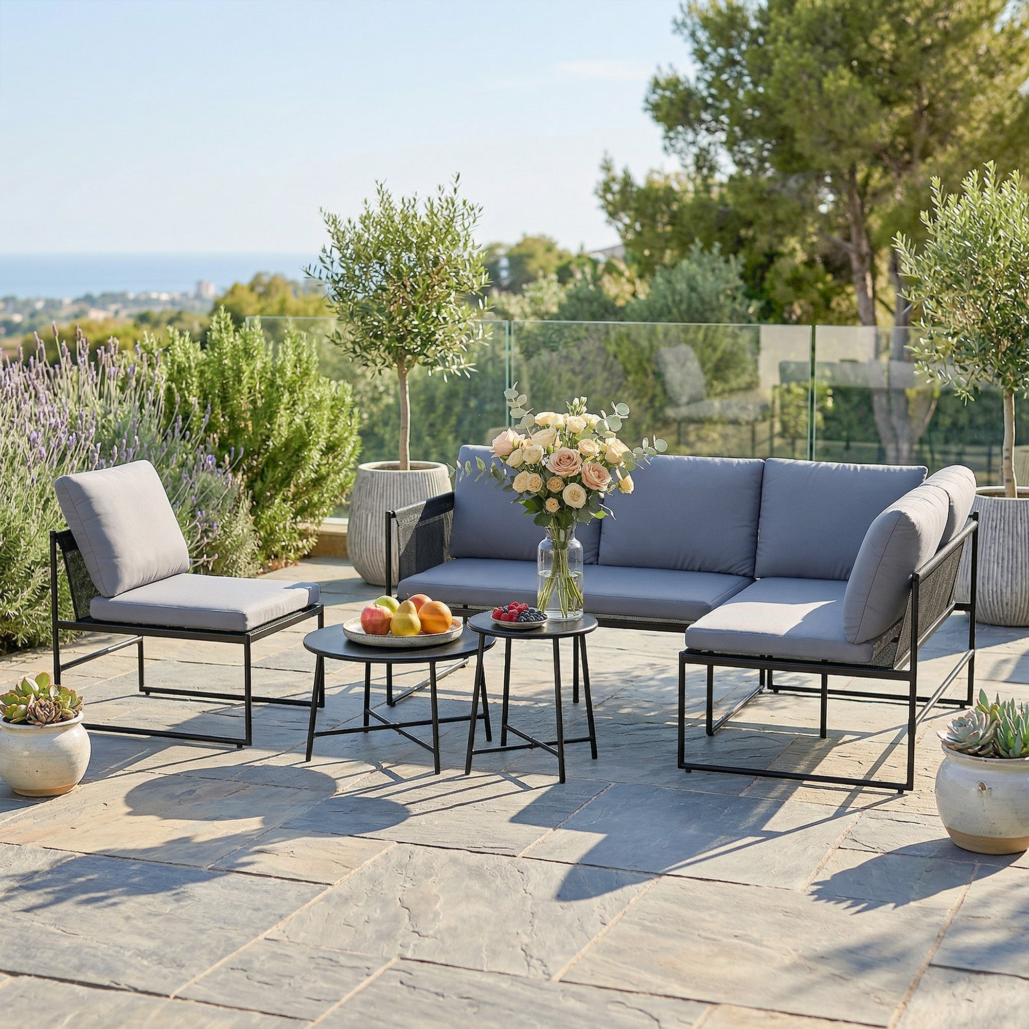 Solarias Salon de Jardin Extérieur 5 Pièces, 2 Canapés, 2 Tables, 1 Chaise, Pochette de Rangement, 182x167x65cm, Gris Foncé