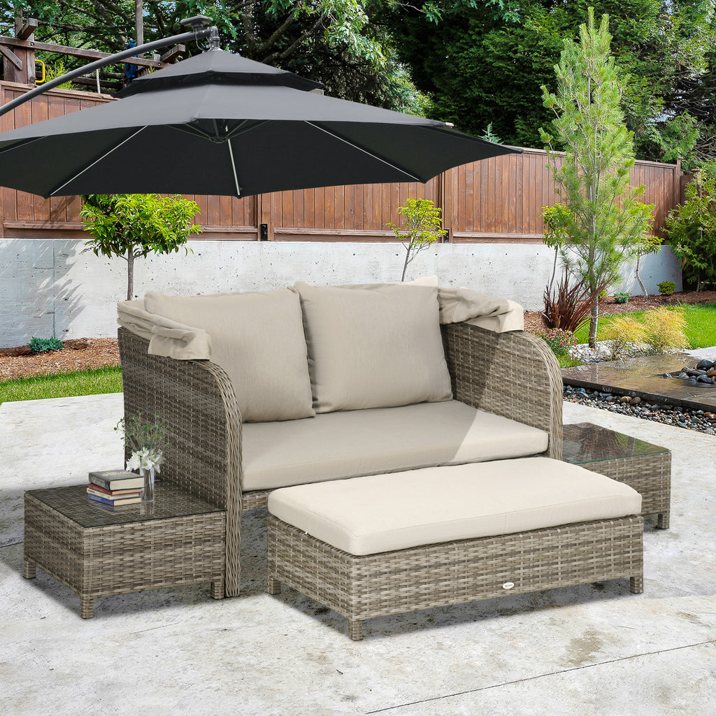 Solarias Ensemble salon de jardin 4 pièces canapé 2 places + 1 repose-pieds + 2 table basse avec coussins beige marron
