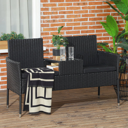 Solarias Canapé de Jardin 2 Places avec Table Basse, en Acier et Rotin PE, 137x59x82 cm, Noir