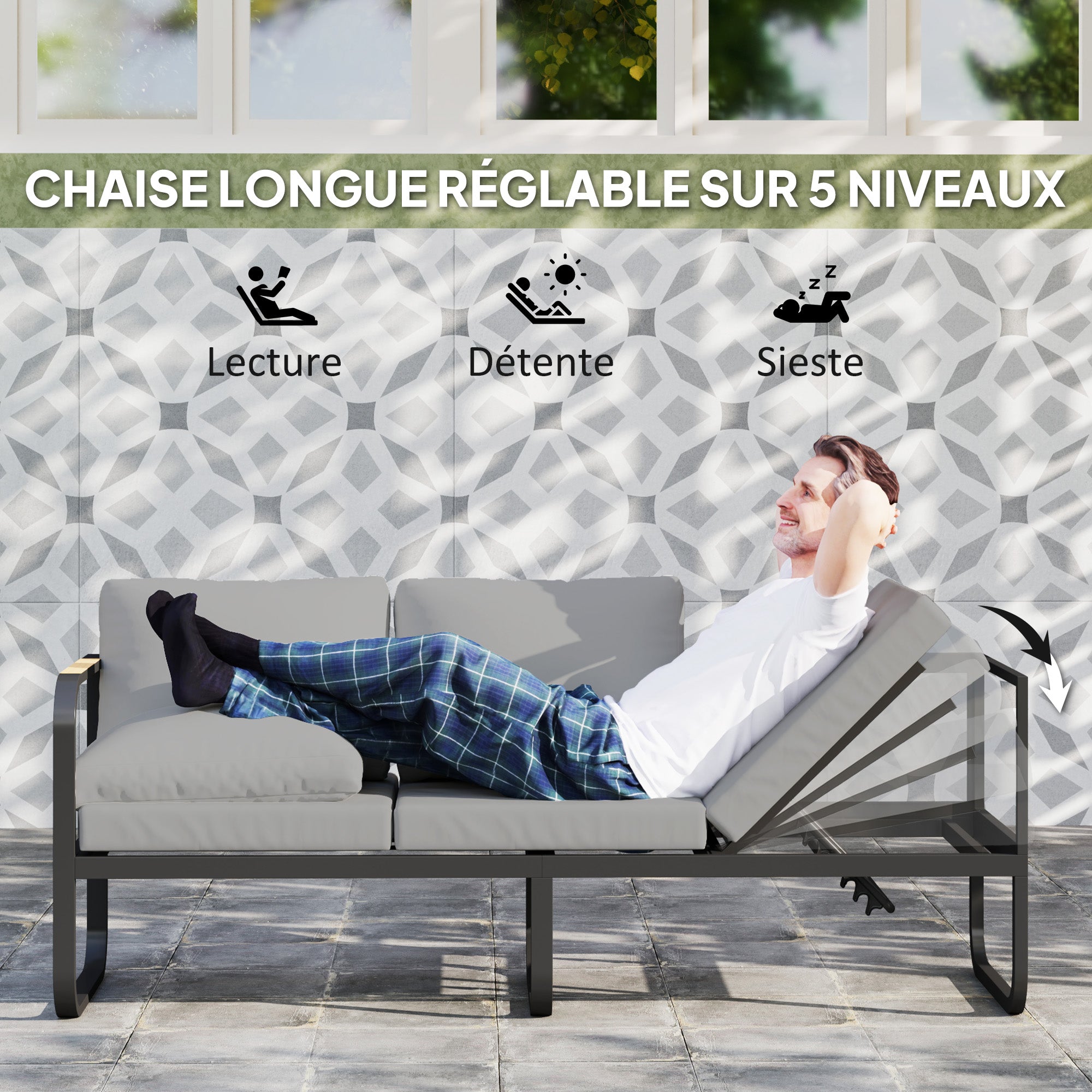 Solarias Salon de jardin extérieur 3 pièces en L avec canapés et table basse en verre, assise réglable 5 positions, gris