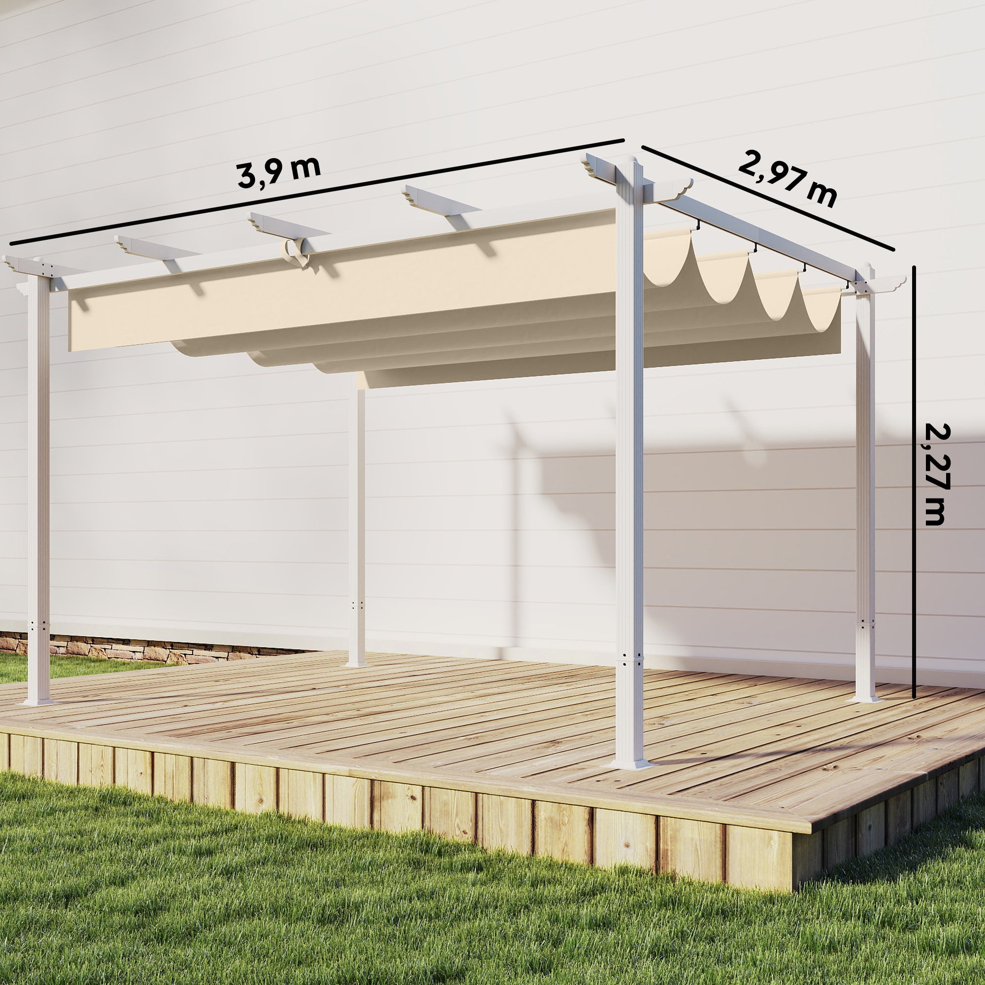 Solarias Pergola Tonnelle de Jardin Toit Rétractable avec Toile Coulissante Magnétique et Trous de Drainage 390x297x227cm Be