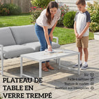 Solarias Salon de Jardin Extérieur 2 Pièces, Canapé avec Coussins, Table Basse en Verre Trempé Marbré 3D, 125x80x64cm, Gris 