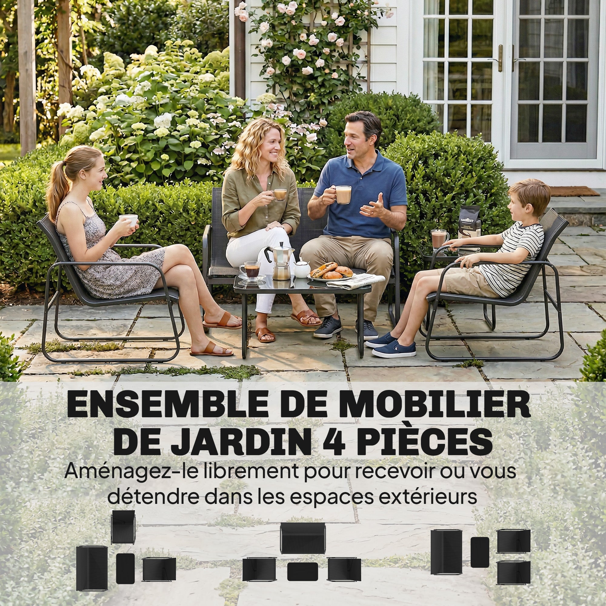 Solarias Salon de jardin 4 pièces avec canapé, fauteuils et table basse, gris foncé et noir