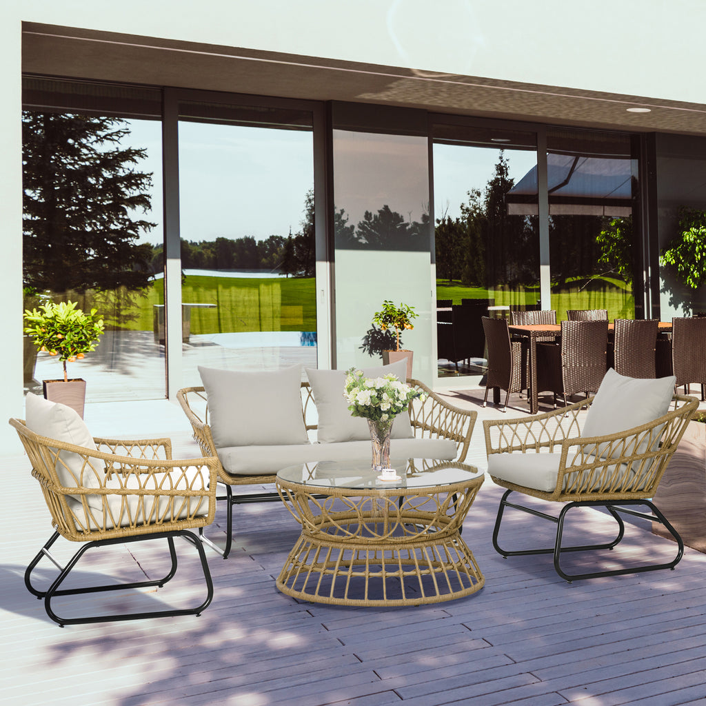 Solarias Salon de jardin 4 pièces en résine tressée canapé 2 places + 2 fauteuils + 1 table basse sable et crème