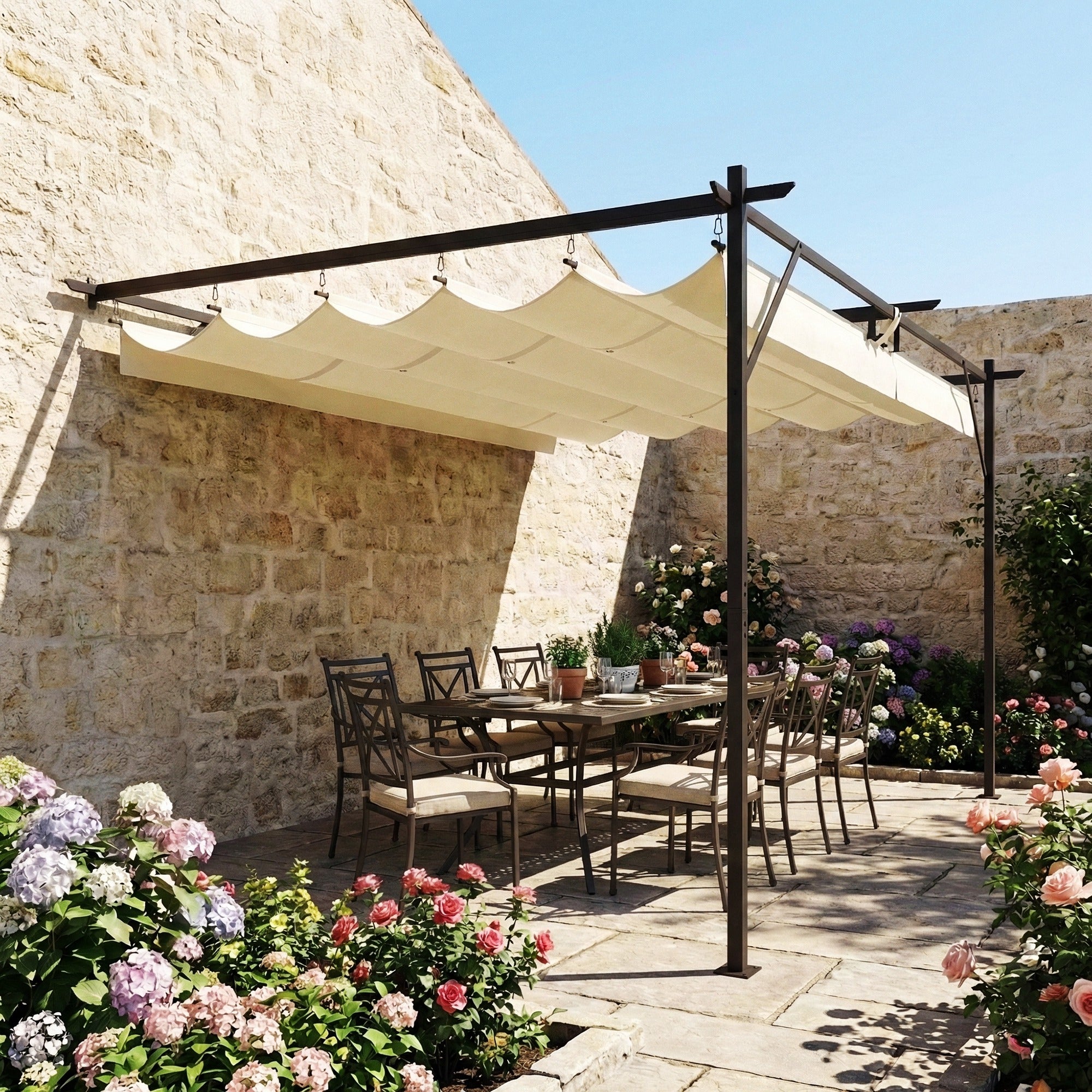 Solarias Toit de terrasse Pergola env. 4 x 3 m, toiture réglable, fixation murale, UV30+, Blanc crème