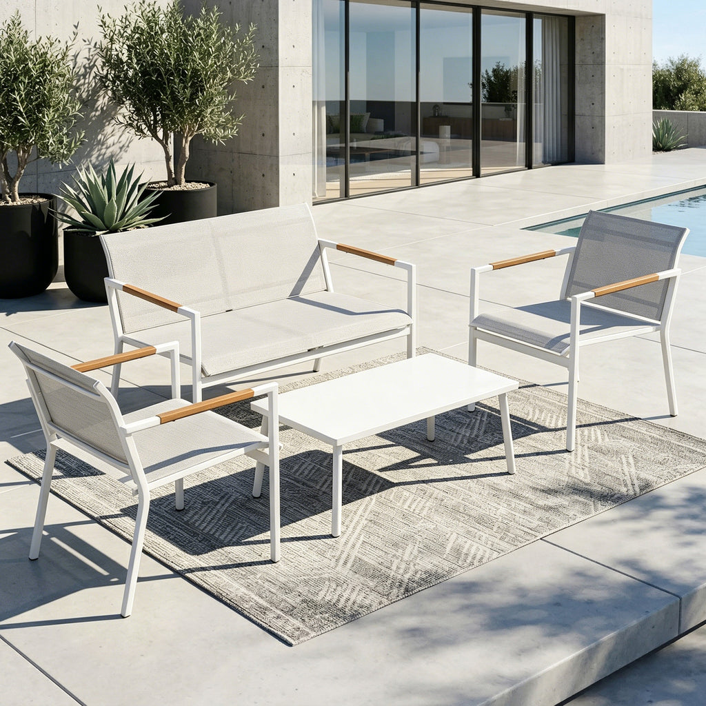 Solarias Salon de Jardin 4 Pièces en Textilène, Canapé, 2 Fauteuils, Table Basse avec Plateau en Métal, 106x70,5x77cm, Crème