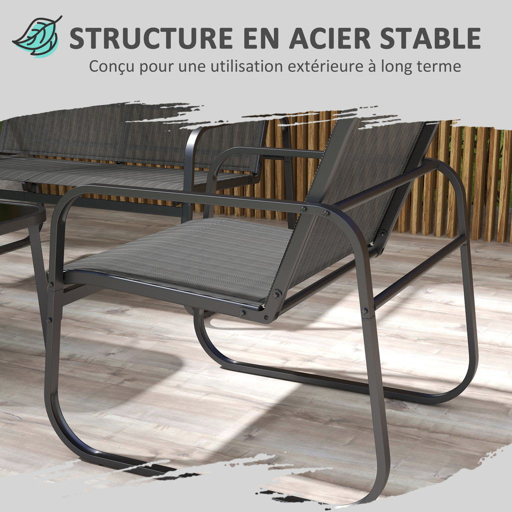 Solarias Salon de jardin 4 pièces avec 2 fauteuils 1 canapé 2 places d'extérieur et table basse plateau en verre trempé