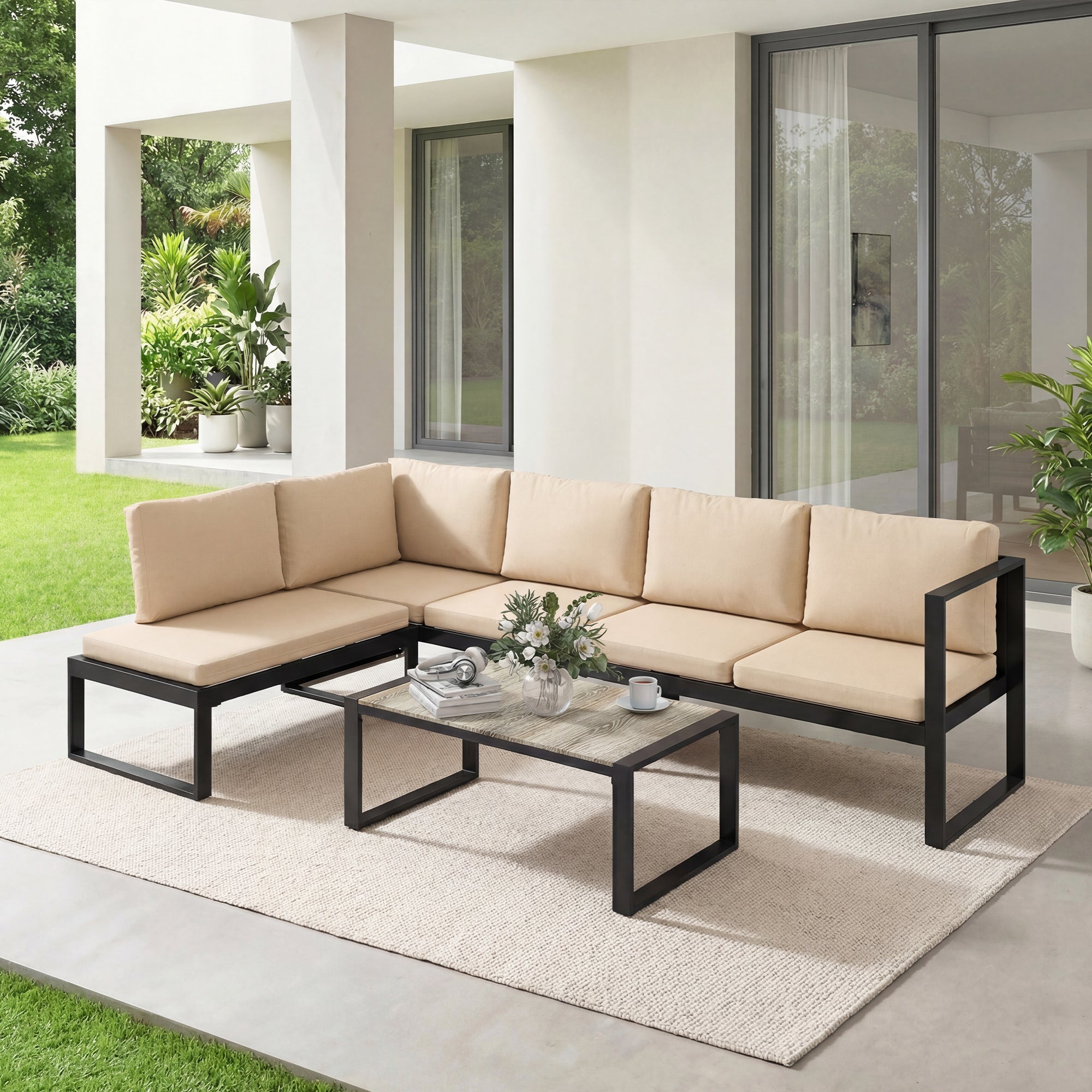 Solarias Ensemble de jardin 4 pièces, ensemble canapé avec 2 canapés 2 places, fauteuil sans accoudoirs, table basse, pour b