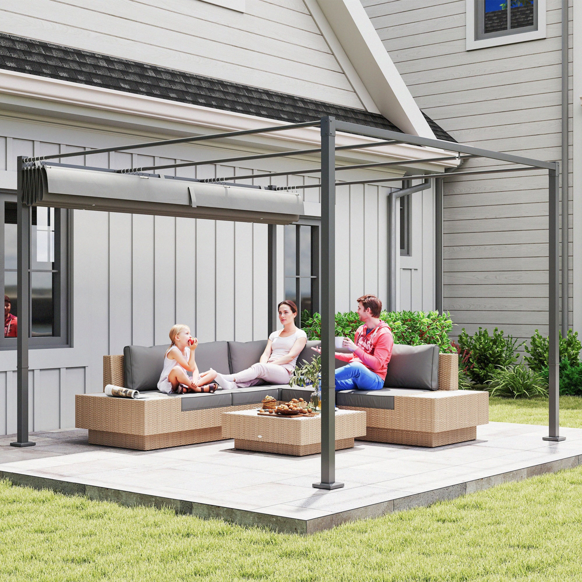 Solarias Pergola Rétractable Coulissante 3 x 3 m tonnelle de Jardin à fixation magnétique Tissu Polyester Haute densité gris