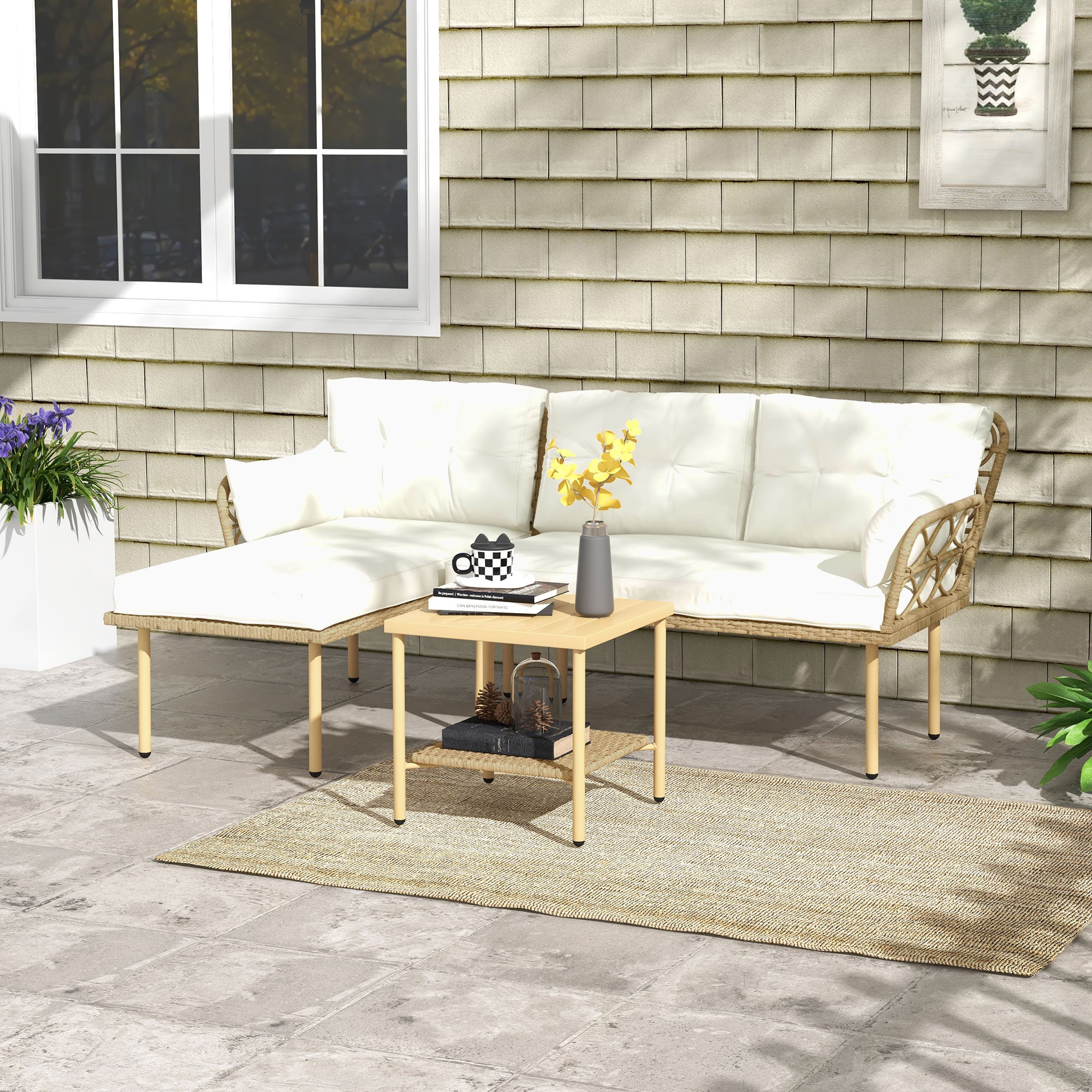 Solarias Salon de jardin d'angle 4 pers. 3 pièces avec 1 table basse coussins grand confort inclus résine tressée crème