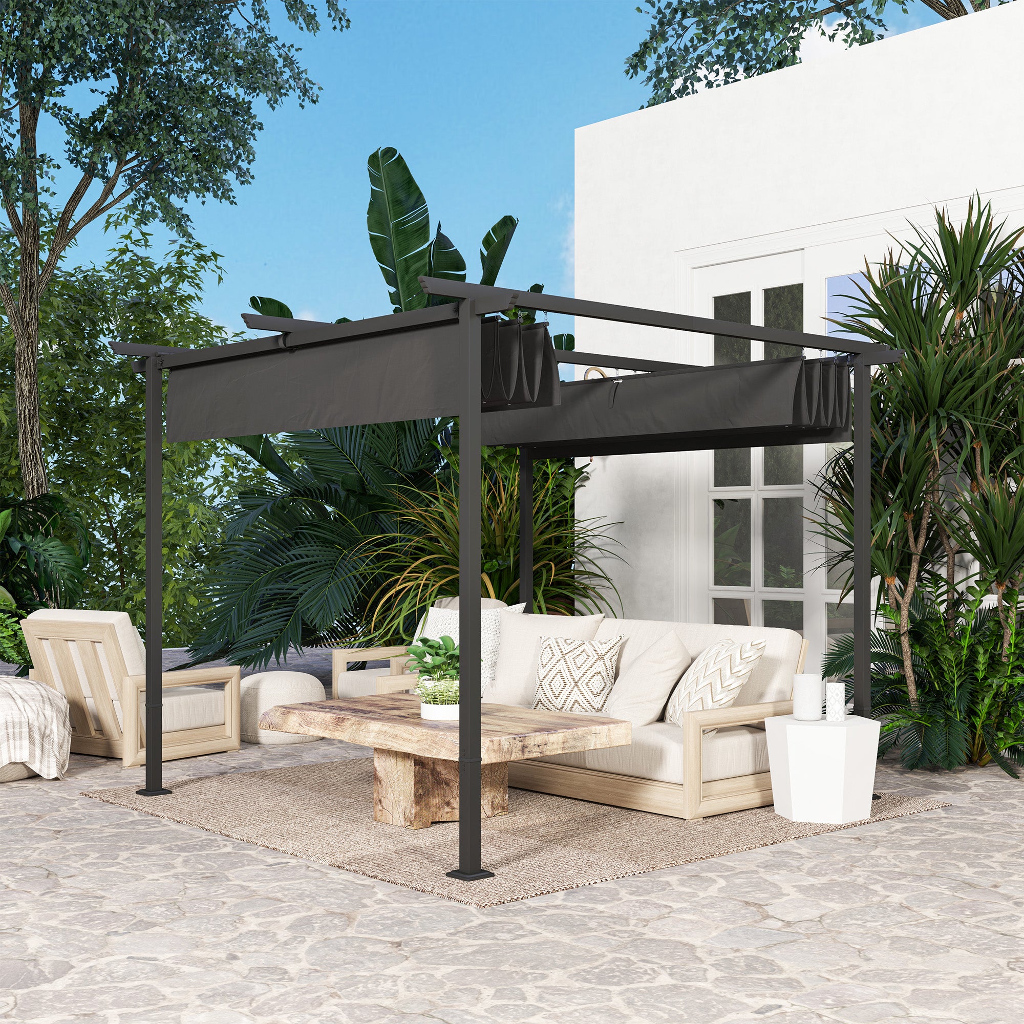 Solarias Pergola de Jardin 3 x 3 m avec Auvent Réglable, Cadre en Métal, Protection UPF30+, Auvent pour Véranda, Terrasse, G