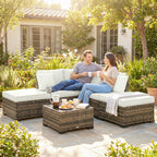 Solarias Salon de jardin extérieur d'angle 5 places en résine tressée, canapés, repose-pieds, table basse et coussins, crème