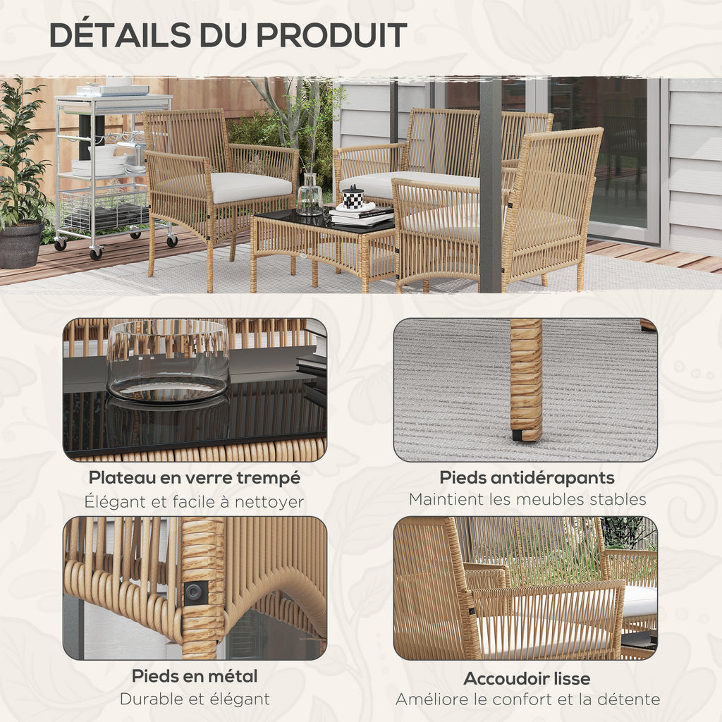 Solarias Ensemble salon de jardin 4 pièces canapé 2 places 2 fauteuils 1 table basse plateau verre trempé