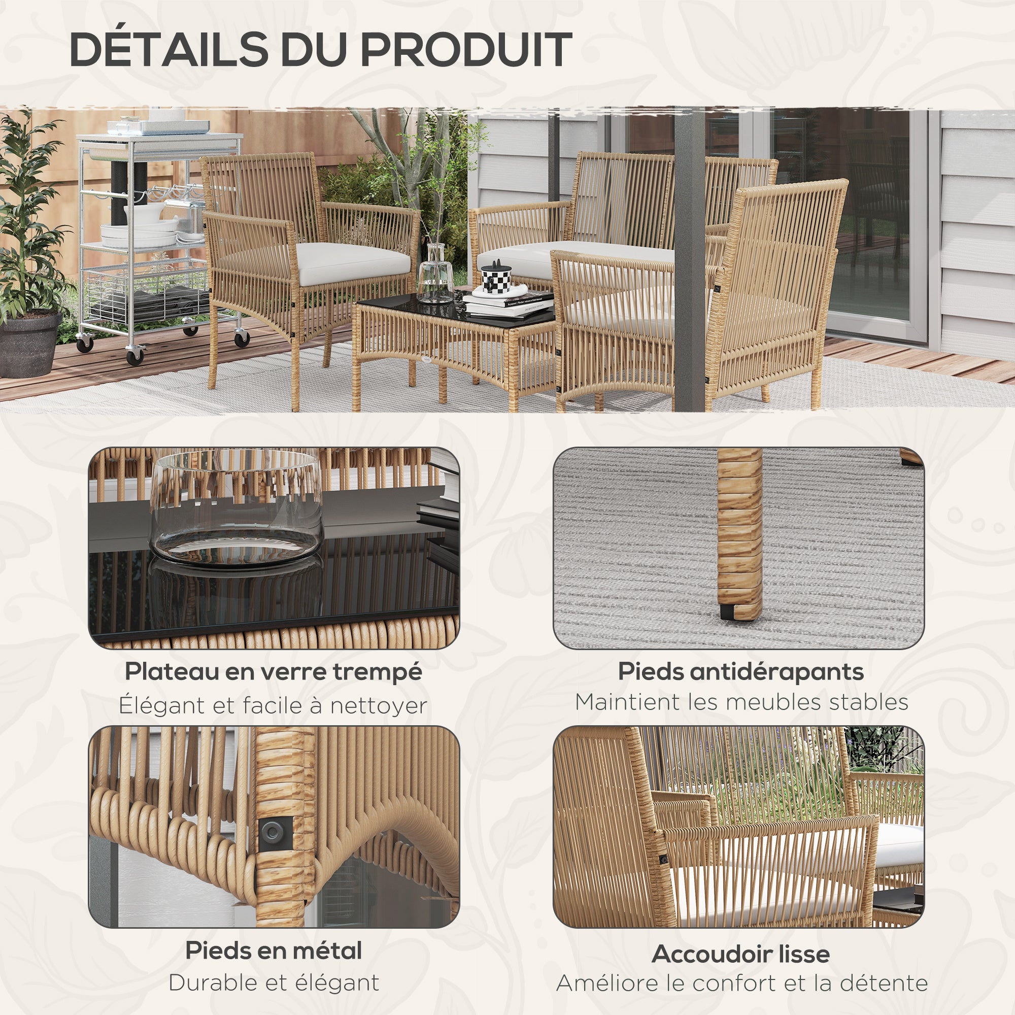 Solarias Ensemble salon de jardin 4 pièces canapé 2 places 2 fauteuils 1 table basse plateau verre trempé