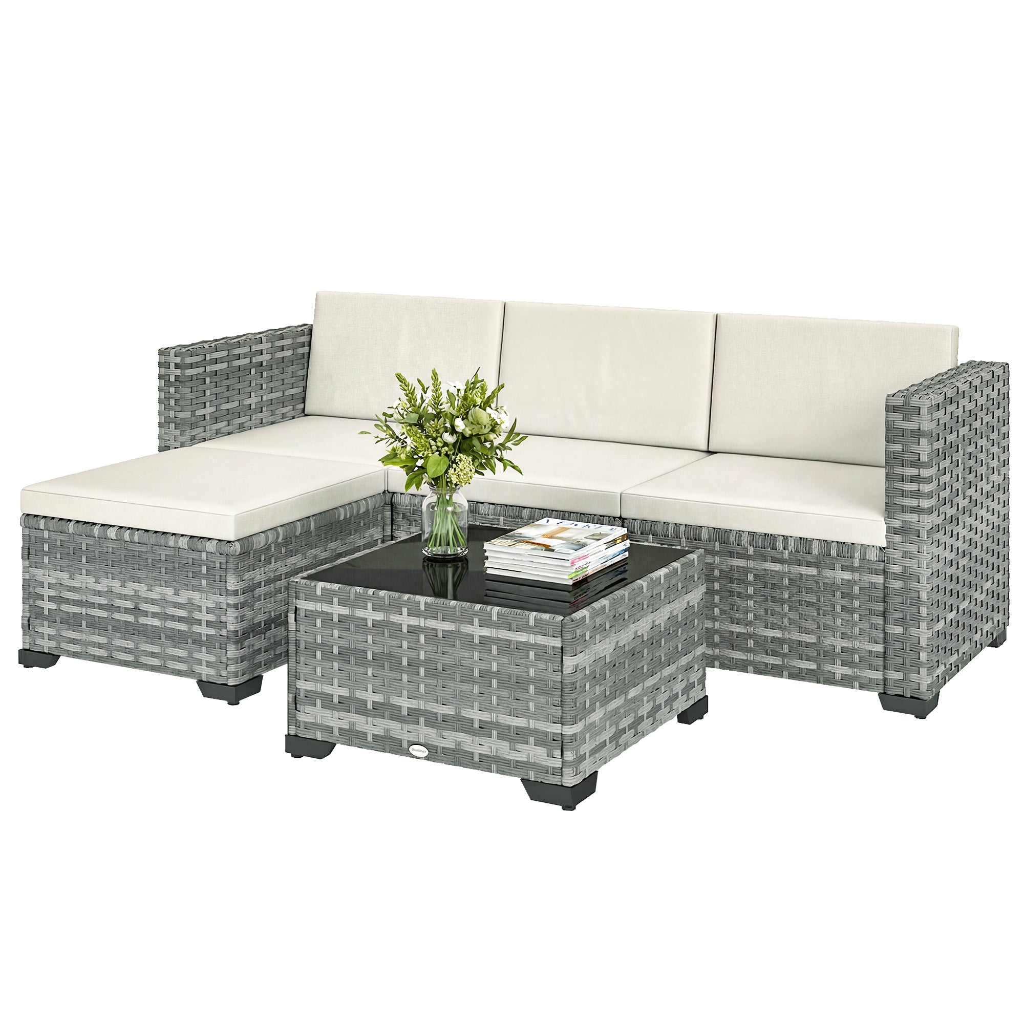 Solarias Ensemble de jardin Polyrattan 5 pièces, set lounge avec canapé d'angle, pouf, table, coussins d'assise et de dossie
