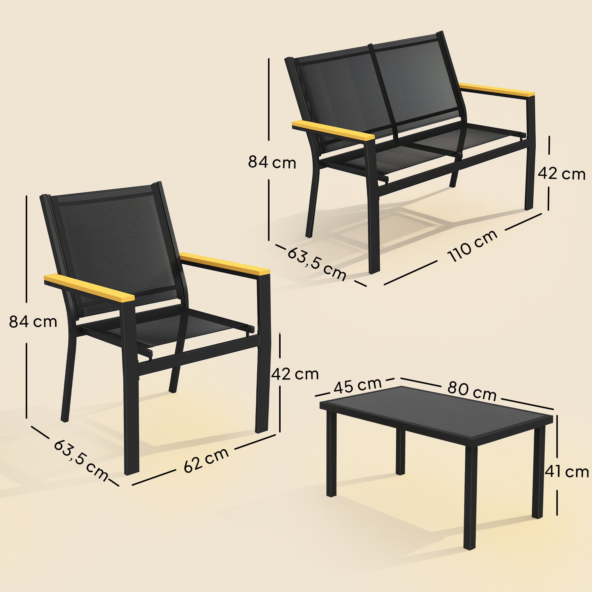 Solarias Salon de jardin extérieur 4 pièces avec canapé 2 places, 2 chaises et table basse en verre trempé, noir