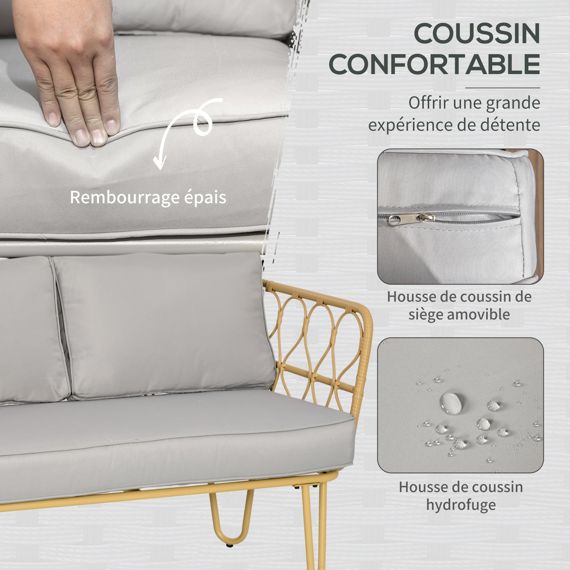 Solarias Ensemble salon de jardin canapé 2 places + 2 fauteuils + 1 table basse plateau verre trempé 7 coussins gris