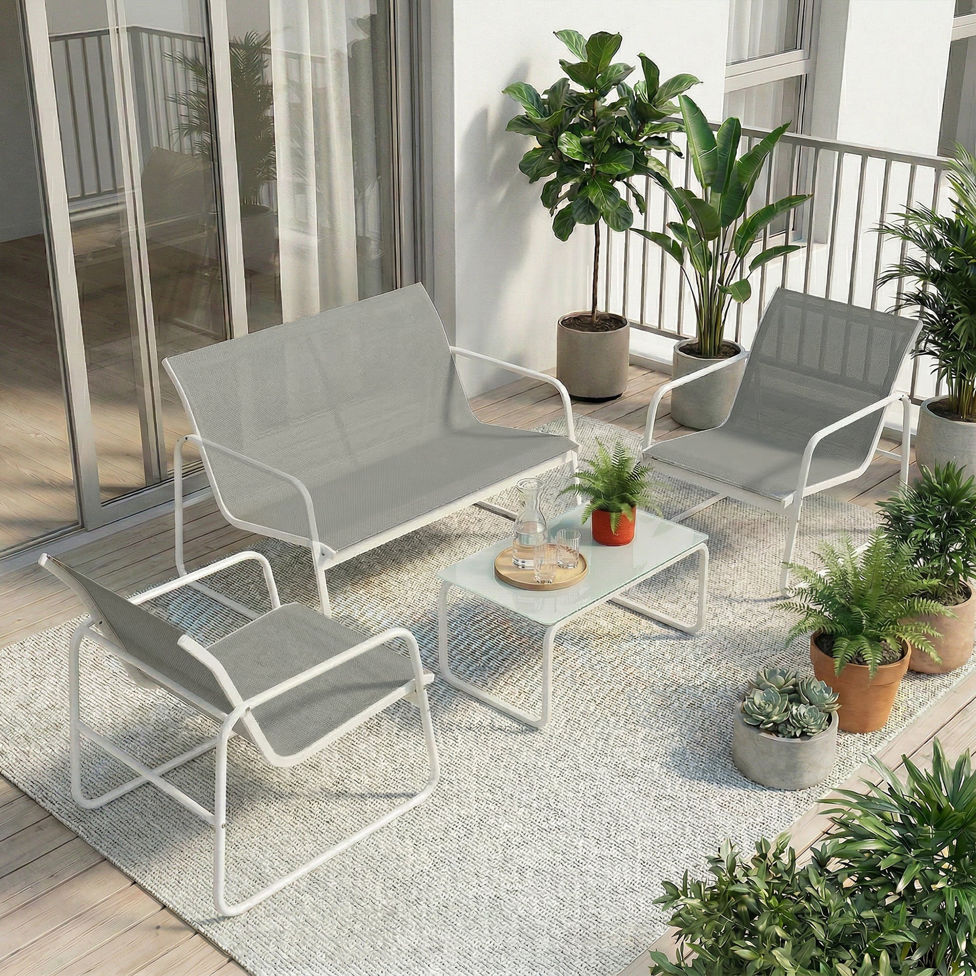 Solarias Ensemble Jardin Extérieur 4 Pièces avec Canapé 2 Places 2 Fauteuils Table en Verre Trempé Tissu Textilene Gris Clar