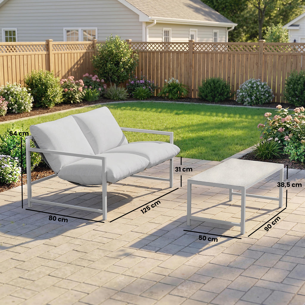Solarias Salon de Jardin Extérieur 2 Pièces, Canapé avec Coussins, Table Basse en Verre Trempé Marbré 3D, 125x80x64cm, Gris 
