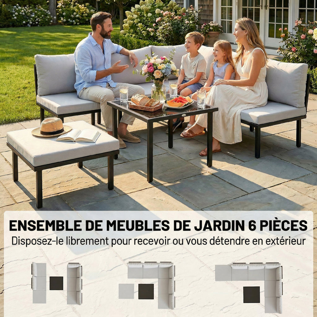 Solarias Salon de jardin extérieur d'angle modulable 6 personnes, table basse avec plateau en verre trempé, gris clair