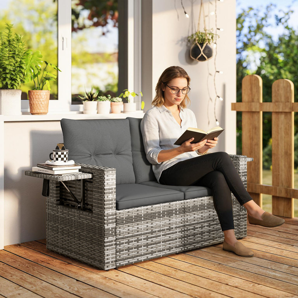Solarias Canapé 2 places en rotin avec coussins Pliable Plateaux latéraux Sofa lounge Gris clair