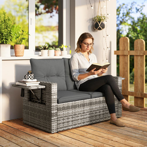 Solarias Canapé 2 places en rotin avec coussins Pliable Plateaux latéraux Sofa lounge Gris clair