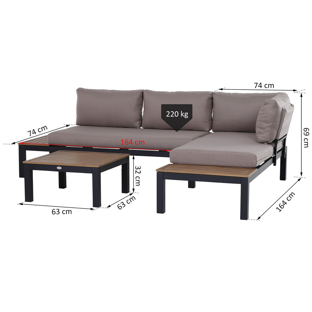 Solarias Ensemble Salon de Jardin d'angle Design Contemporain 5 Places Coussins Marron Table Basse alu. Noir et Imitation Bo