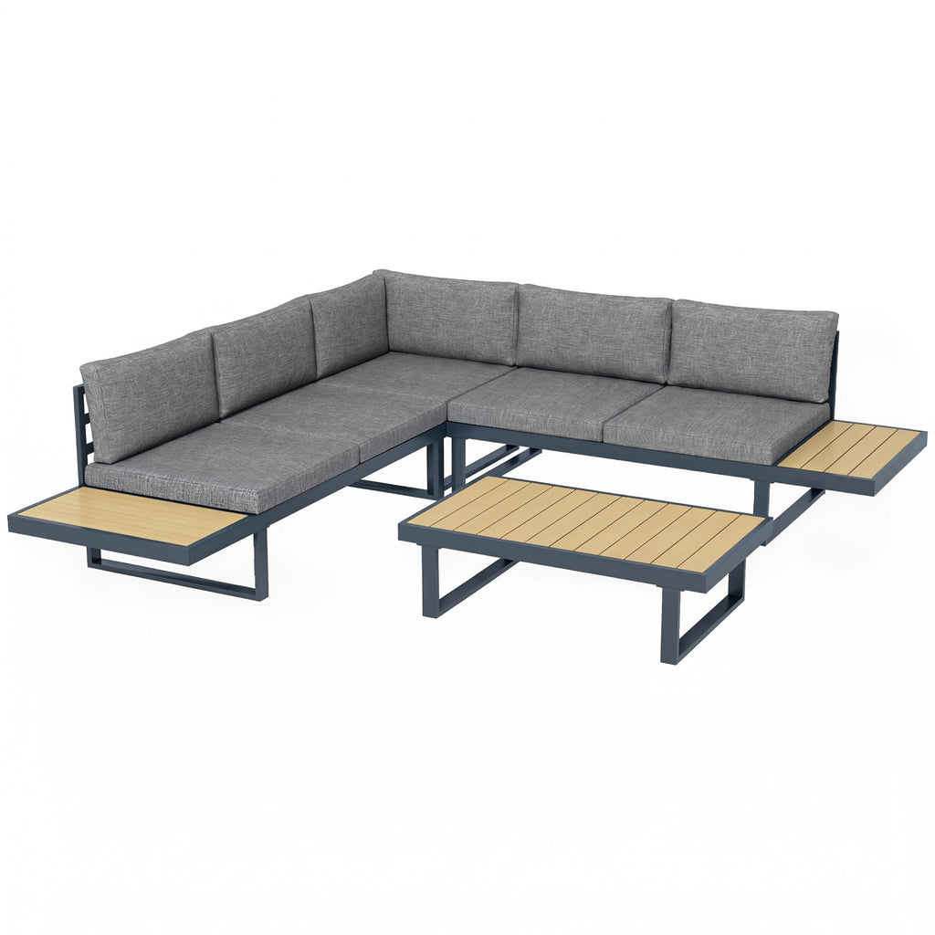 Solarias Ensemble salon de jardin d'angle design 5 places coussins table basse alu. gris anthracite et imitation bois