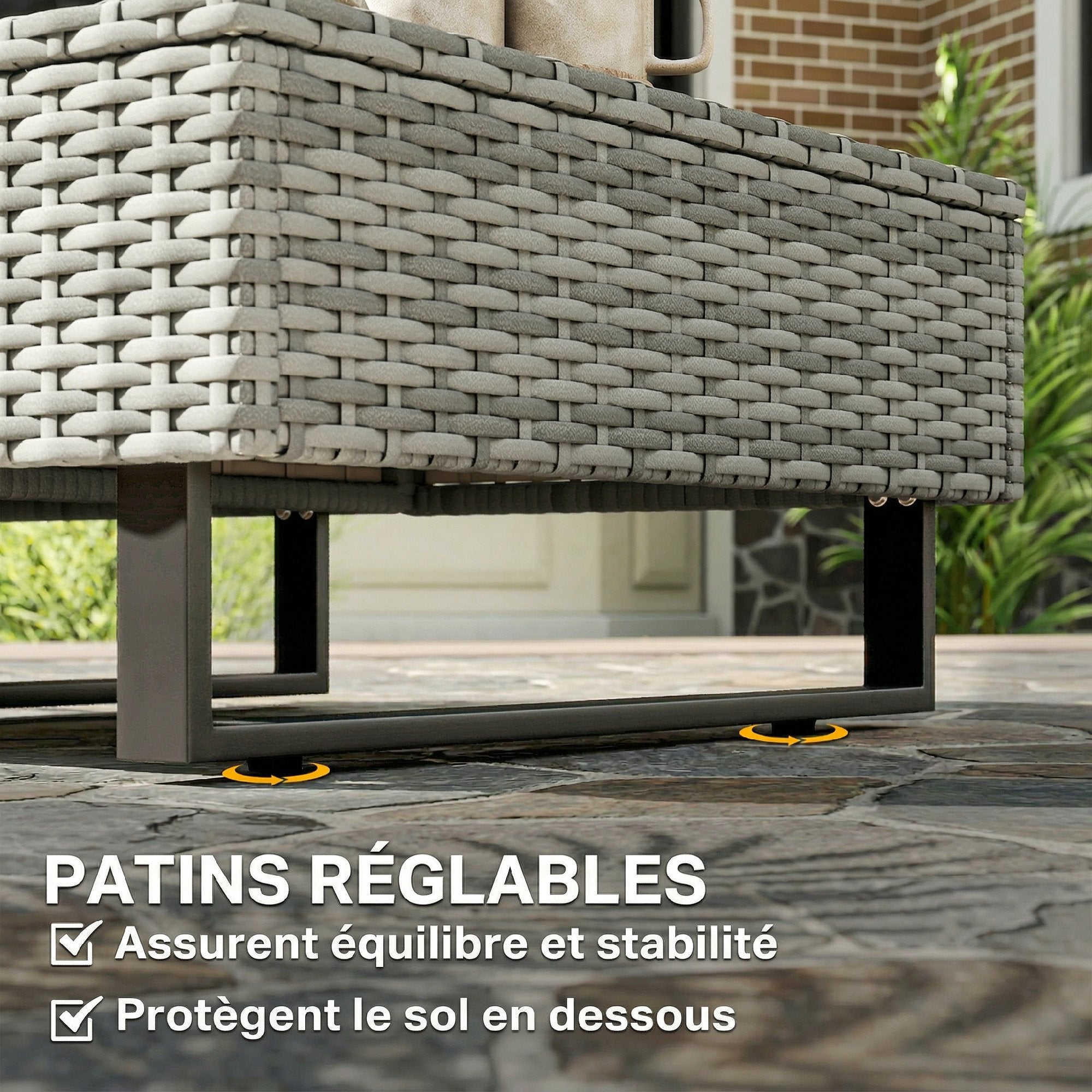 Solarias Salon de Jardin d'Angle en Résine Tressée 5 Places Modulable avec Méridienne Réglable avec Table en Composite Gris