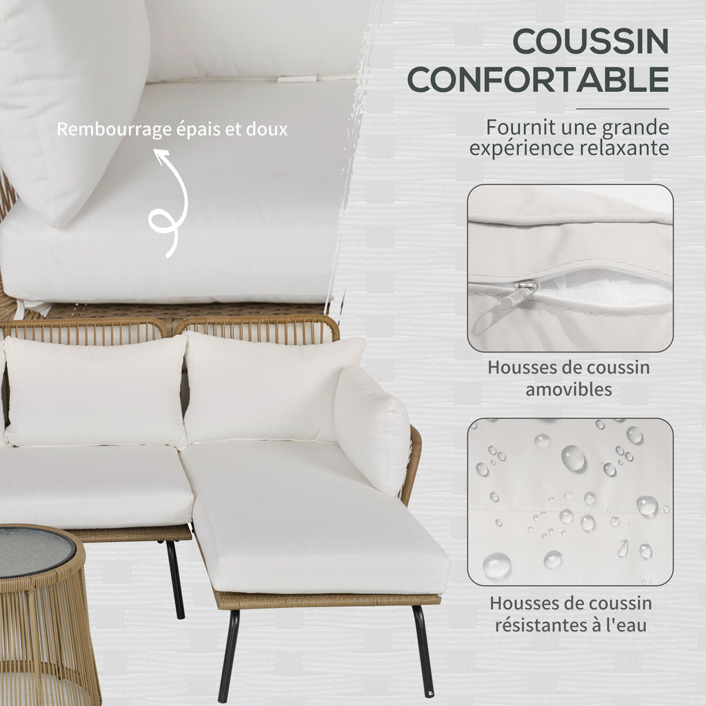 Solarias Salon de jardin extérieur d'angle moduable 4 places en résine tressée canapé de jardin extérieur avec table basse c