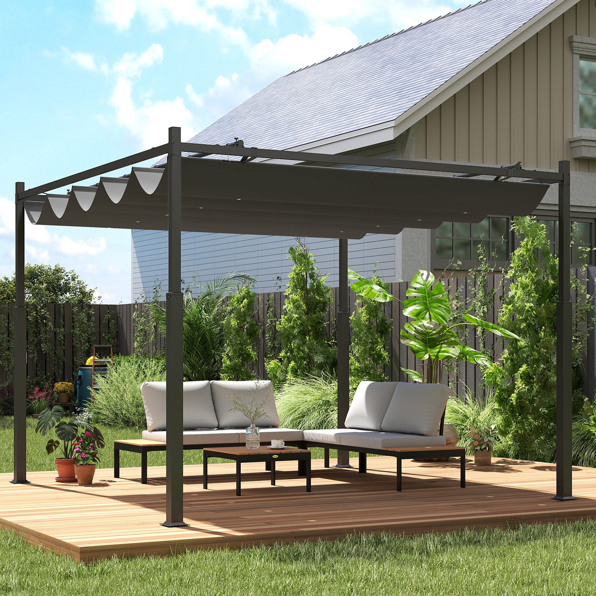 Solarias Pergola de jardin exterieur 3 x 3 m avec toit rétractable et fixation magnétique, abri soleil UPF30+, gris