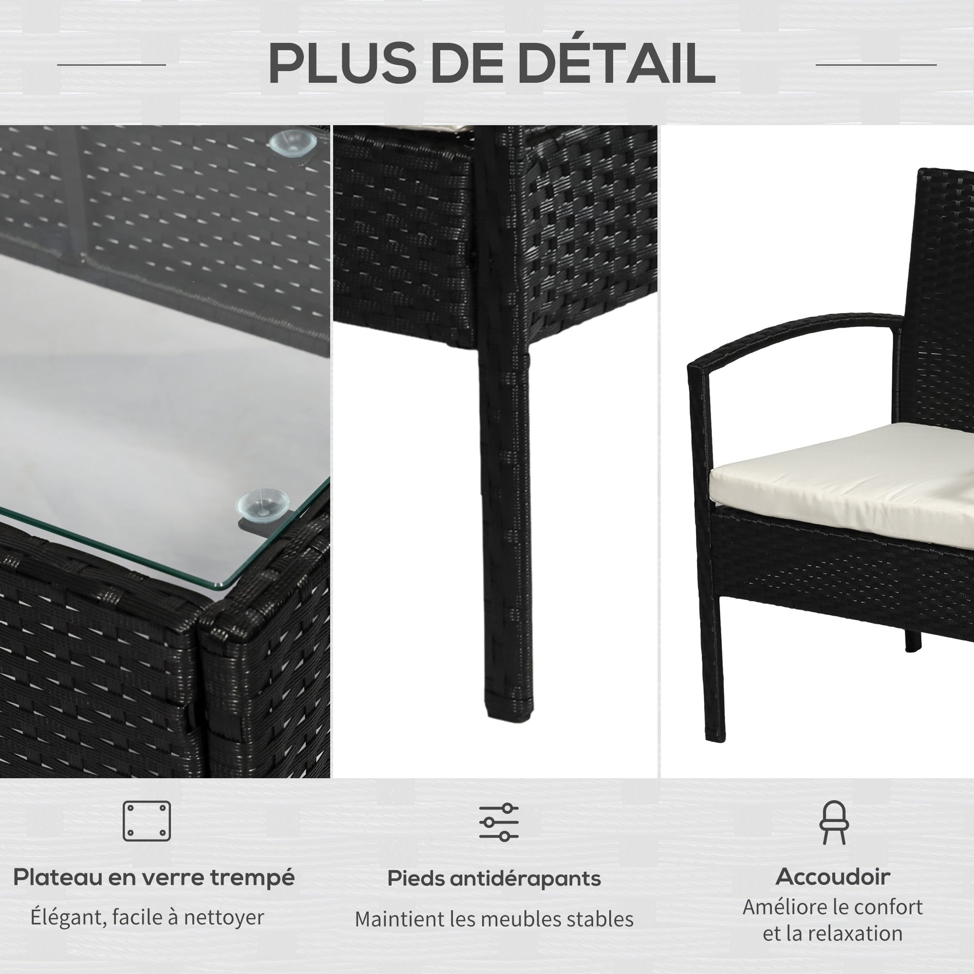 Solarias Ensemble salon de jardin 4 places : canapé, 2 fauteuils et table basse plateau verre trempé résine tressée 4 fils i