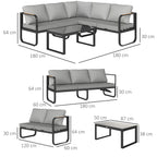 Solarias Salon de jardin extérieur 3 pièces en L avec canapés et table basse en verre, assise réglable 5 positions, gris