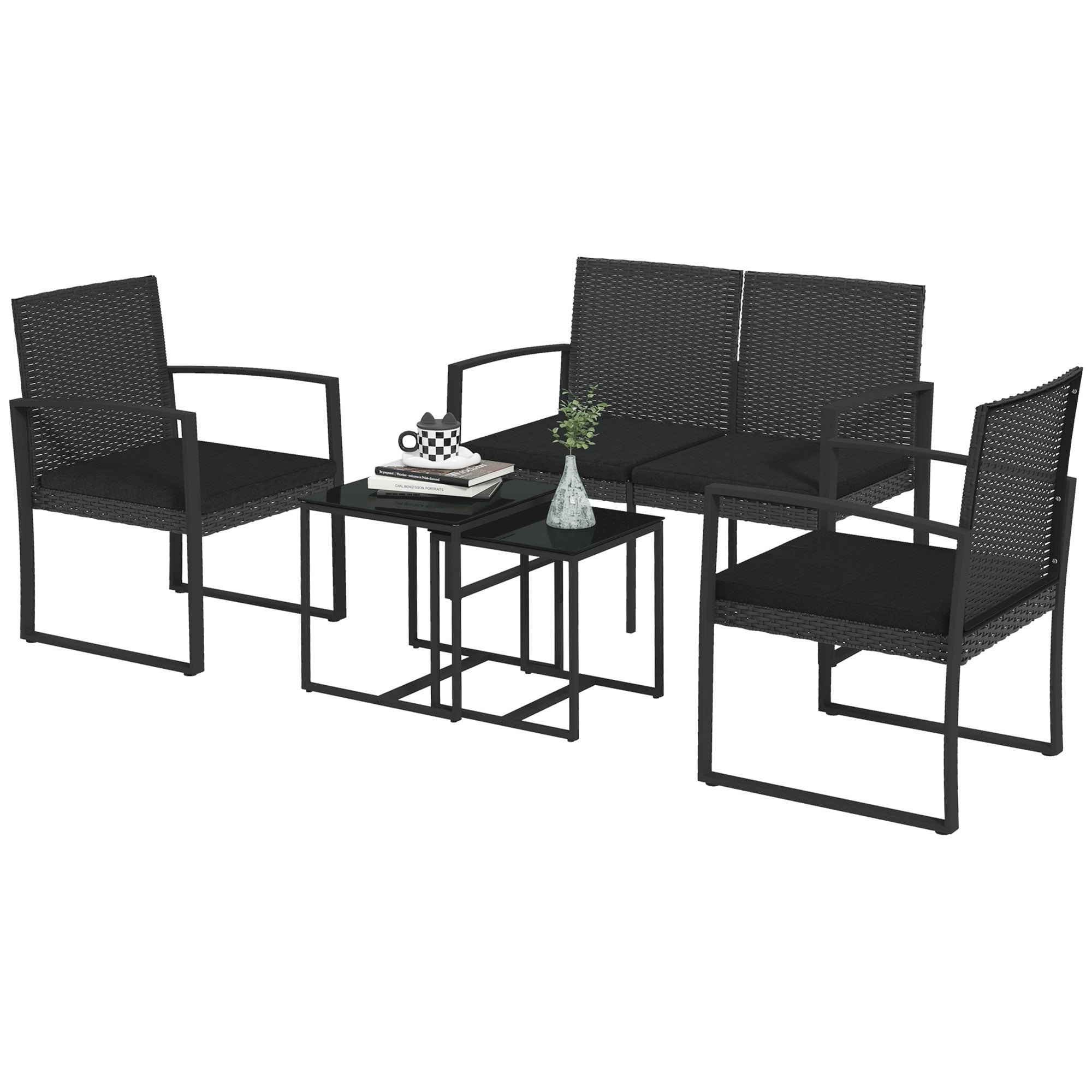 Solarias Ensemble de Jardin avec 2 Chaises, Canapé et 2 Tables avec Coussins et Plateau en Verre, Noir