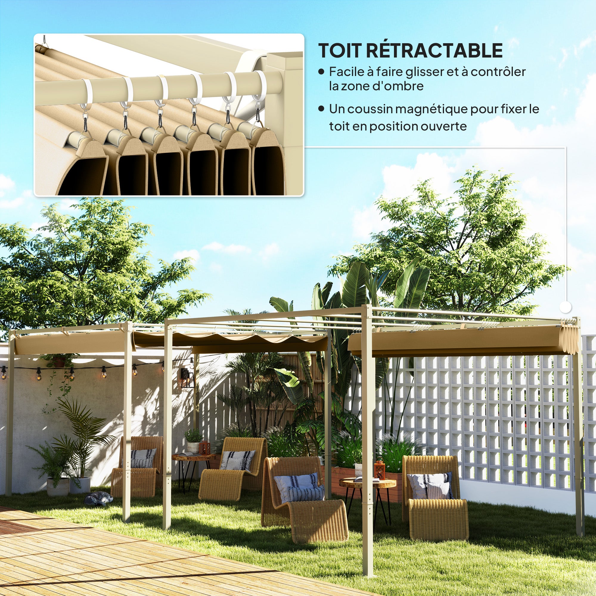 Solarias Pergola de jardin 3 x 3m avec toit rétractable et fixation magnétique, auvent de protection solaire, UPF30+, kaki
