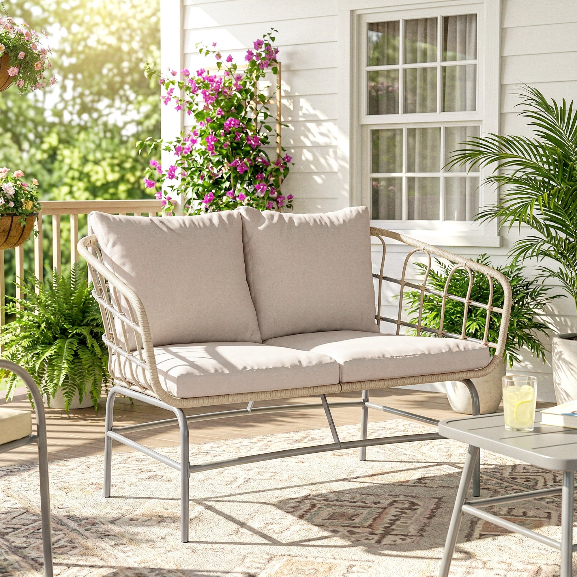Solarias Canapé de Jardin 2 Places en Résine Tressée Coussins Épais Anti-glisse 120 x 67 x 79 cm Marron
