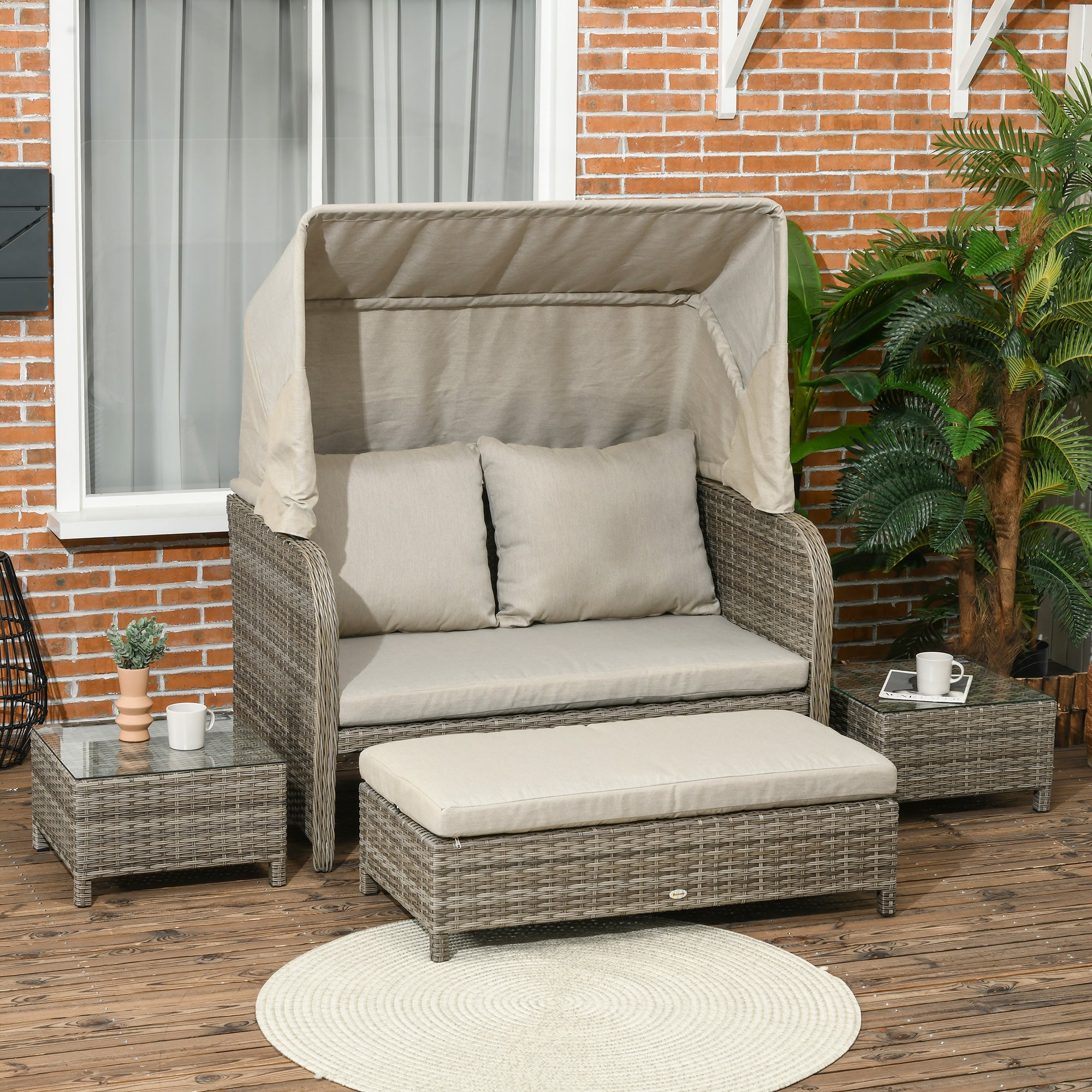 Solarias Ensemble salon de jardin 4 pièces canapé 2 places + 1 repose-pieds + 2 table basse avec coussins beige marron
