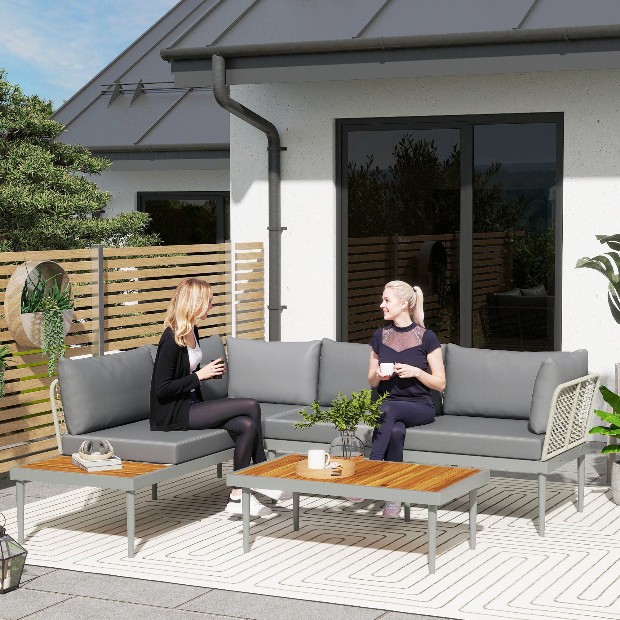 Solarias Salon de jardin extérieur 4 places modulable en bois d'acacia, canapé d'angle extérieur avec table basse et coussin