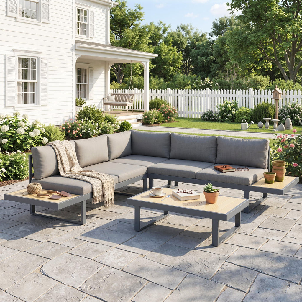 Solarias Ensemble salon de jardin d'angle design 5 places coussins table basse alu. gris anthracite et imitation bois