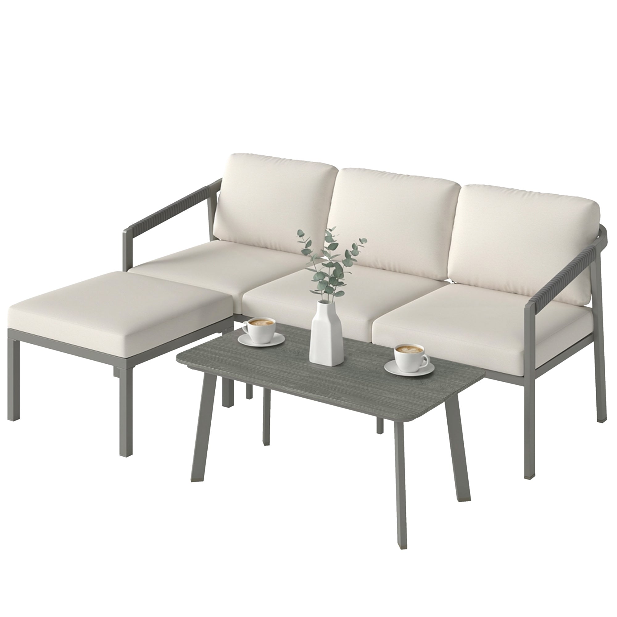Solarias Ensemble de Jardin Extérieur de 3 Pièces avec Canapé 3 Places Repose-pieds Table Basse et Coussins Marron et beige