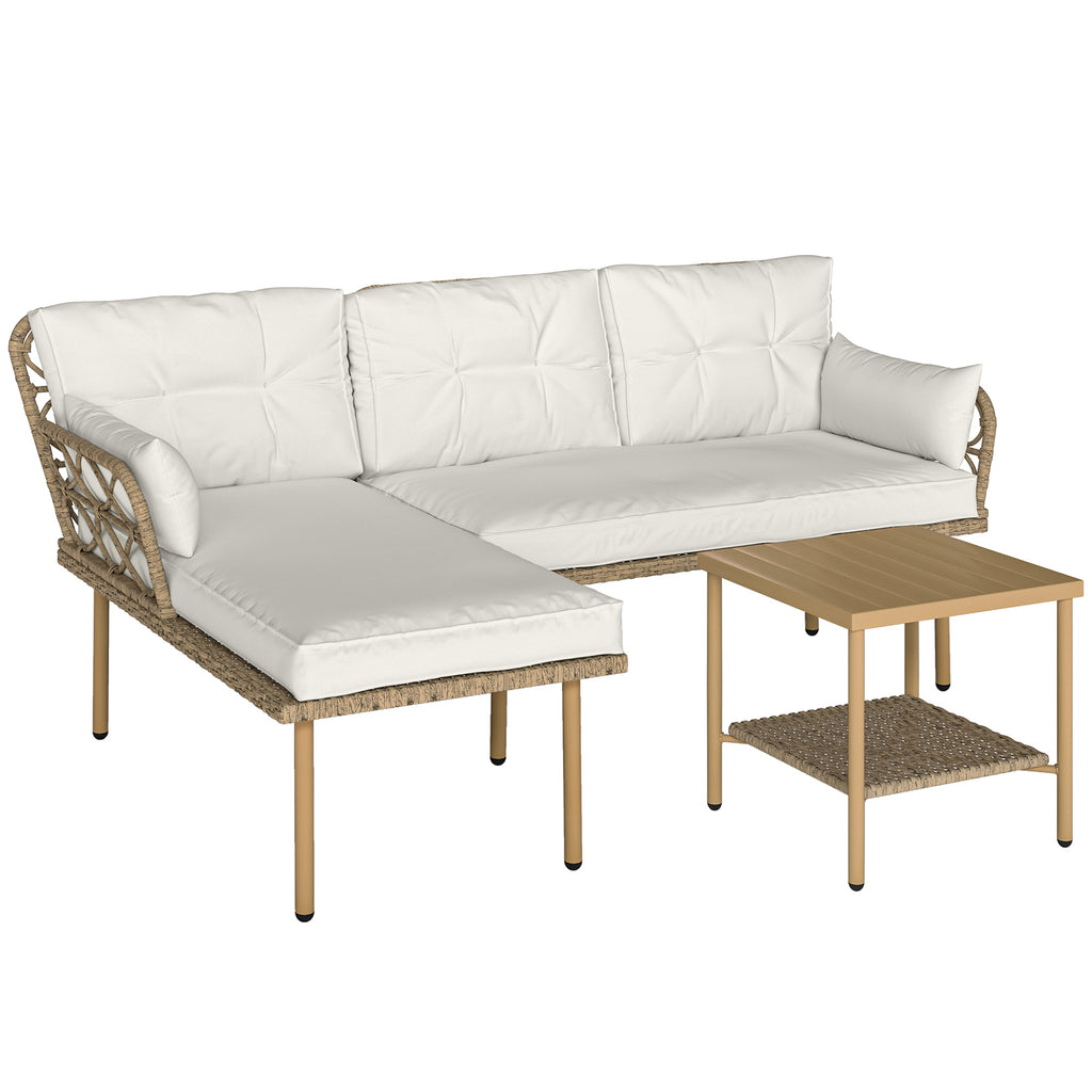 Solarias Salon de jardin d'angle 4 pers. 3 pièces avec 1 table basse coussins grand confort inclus résine tressée crème
