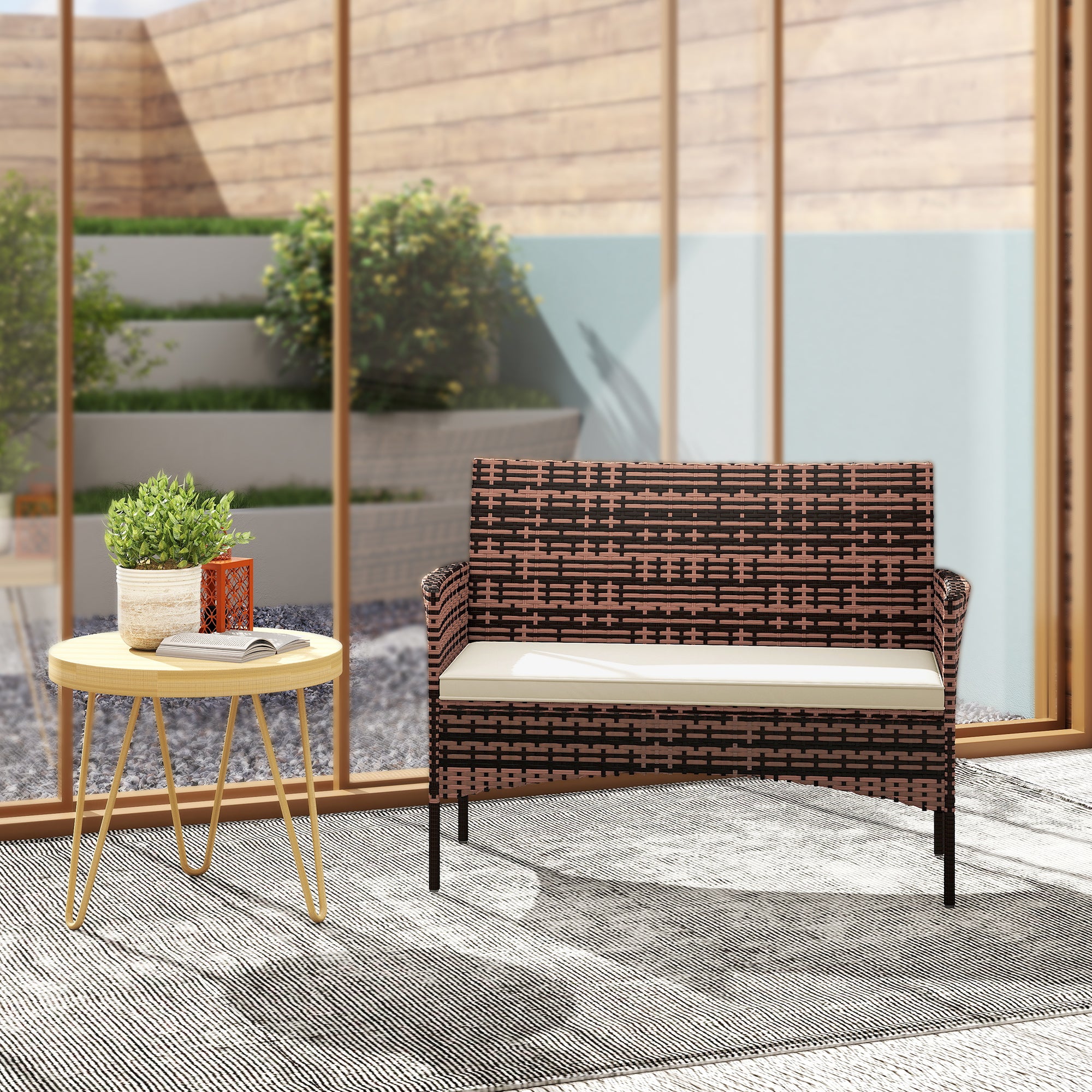 Solarias Canapé de jardin 2 places en rotin PE-rotin pour terrasse extérieure avec coussin, patins antidérapants, structure 
