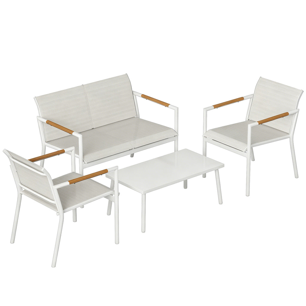 Solarias Salon de Jardin 4 Pièces en Textilène, Canapé, 2 Fauteuils, Table Basse avec Plateau en Métal, 106x70,5x77cm, Crème