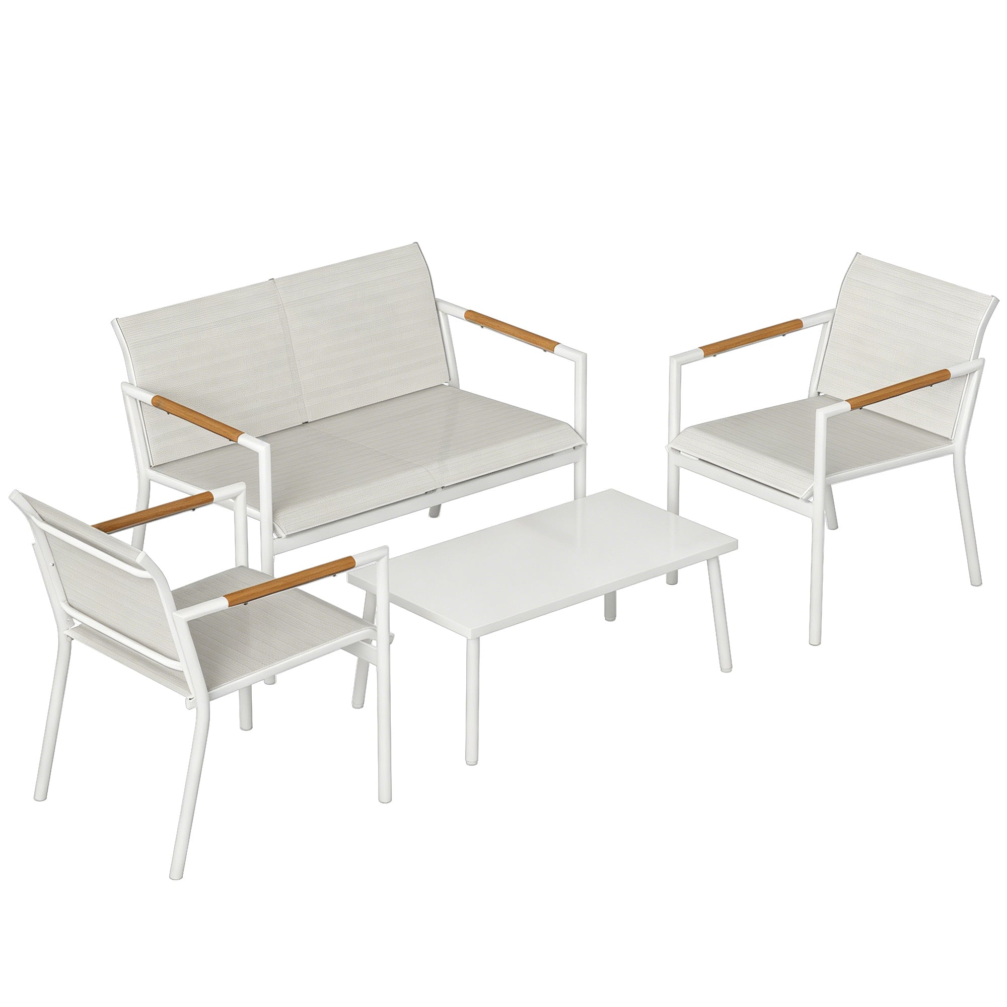 Solarias Salon de Jardin 4 Pièces en Textilène, Canapé, 2 Fauteuils, Table Basse avec Plateau en Métal, 106x70,5x77cm, Crème