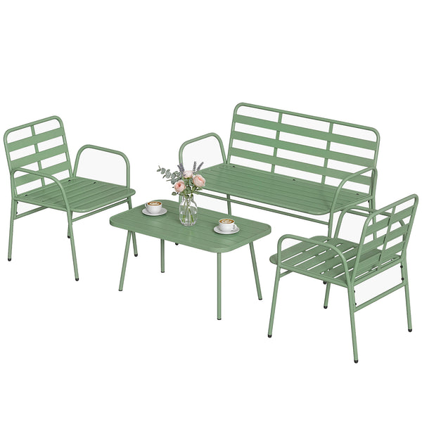 Solarias Salon de Jardin Extérieur en Acier 4 Pièces, Canapé 2 Places, 2 Fauteuils, Table Basse, à Lattes, 112x60x75cm,