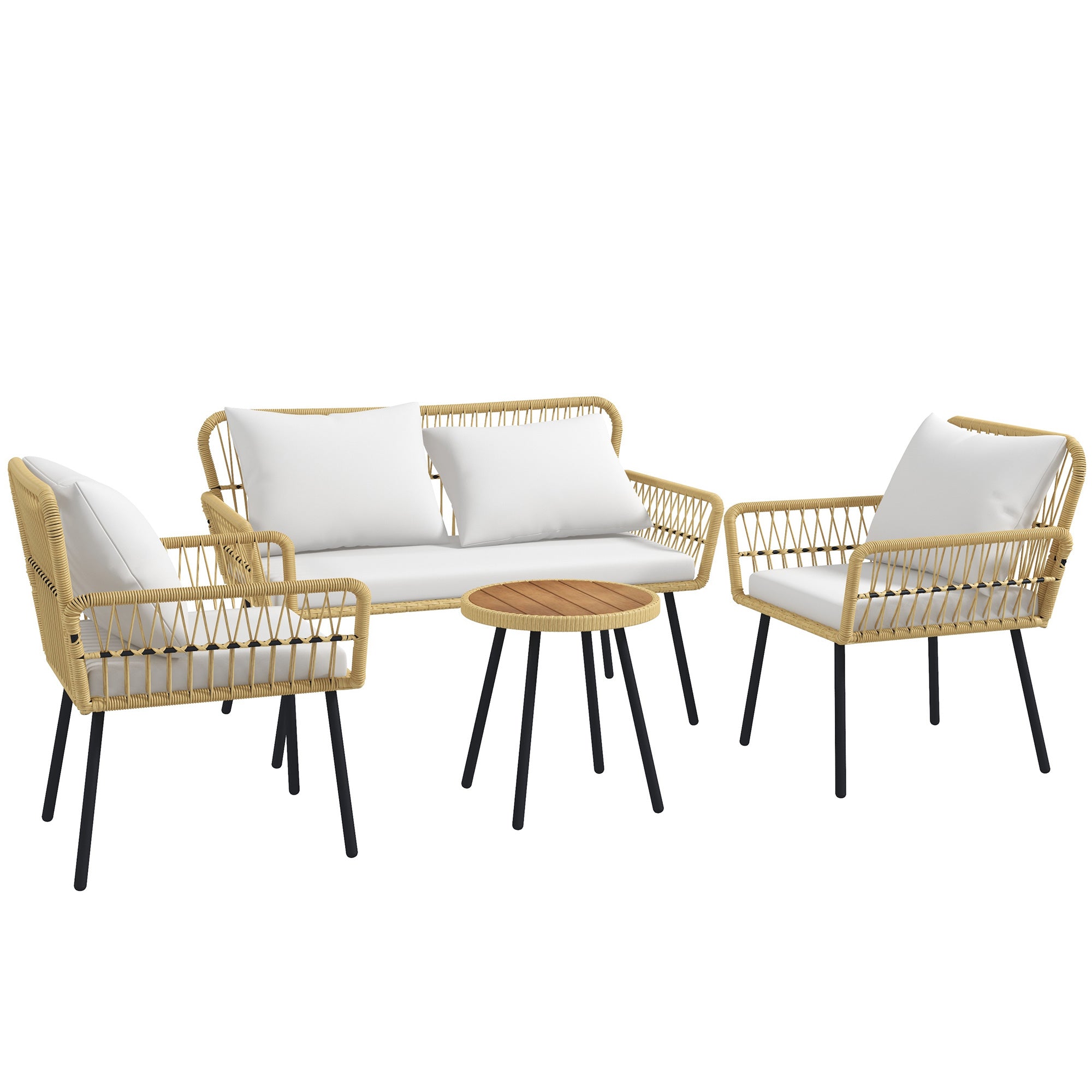 Solarias Ensemble salon de jardin 4 pièces canapé 2 places 2 fauteuils avec 7 coussins 1 table basse ronde, résine tressée