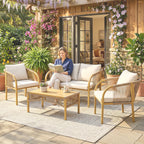 Solarias Salon de Jardin Extérieur 4 Pièces avec Canapé 2 Fauteuils Table Coussins, Acier Résine Tressée, 120x72x73cm, Kaki