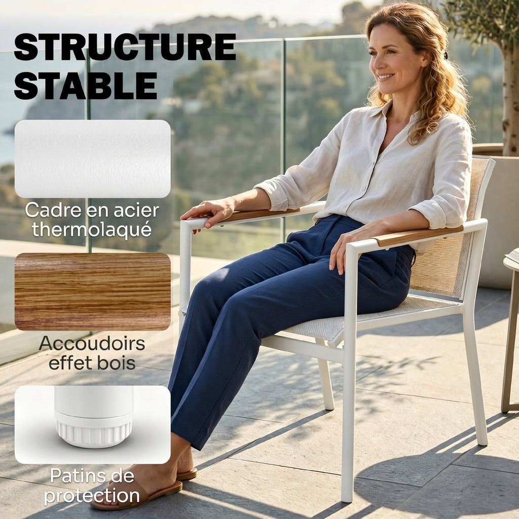 Solarias Salon de Jardin 4 Pièces en Textilène, Canapé, 2 Fauteuils, Table Basse avec Plateau en Métal, 106x70,5x77cm, Crème